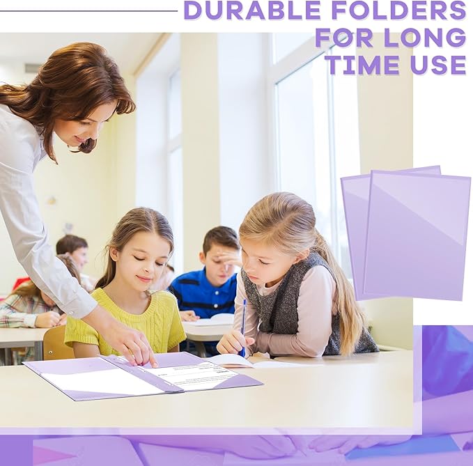 Henoyso 48 Pcs Plastic Folder with Clear Front Pocket and 3 Prongs Heavy Duty Plastic Folders with Card Slot Pocket Folders with Prongs for School Office Home(Light Purple)