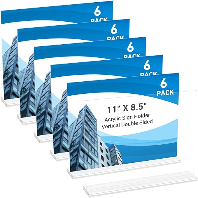 6 Pack Acrylic Sign Holder 11 x 8.5 Horizontal, Double-Sided Clear Sign Holder Plastic Stands for Display, T Shape Acrylic Table Sign Stands for Office Store Restaurants Wedding Party Decoration