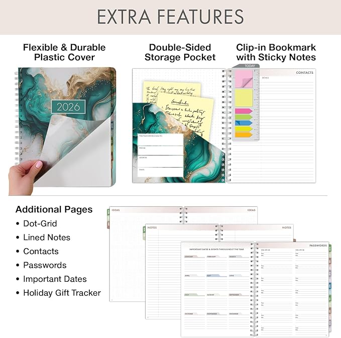 Essential PRO 2026 Daily, Weekly & Monthly Planner, 8.5"x11": 14 Months (Nov 2025 - Dec 2026) Monthly Tabs,Daily Tracking,Notes Pages,Storage Pocket,Bookmark w Sticky Notes (Teal Gold Marble)