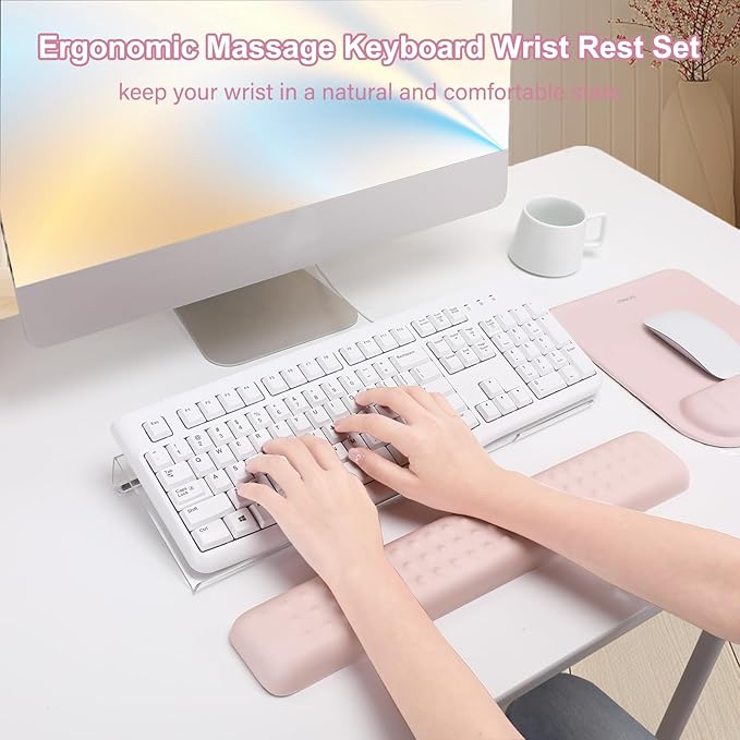 MOSISO Computer Keyboard Stand&Wrist Rest Support for Keyboard &Mouse Pad Set, Ergonomic Massage Wrist Rest Set, Easy Typing Working Acrylic Clear Stand for Office Home, Pink