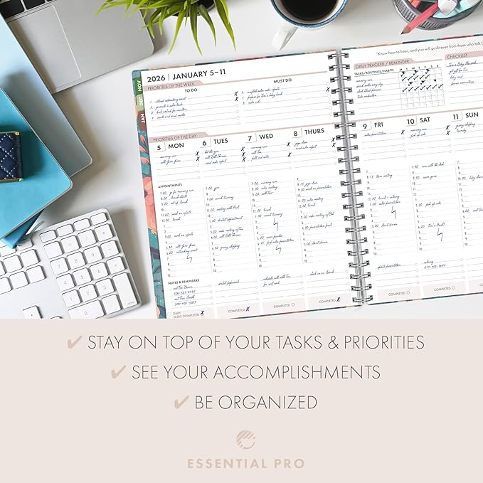 Essential PRO 2026 Daily, Weekly & Monthly Planner, 8.5"x11": 14 Months (Nov 2025 - Dec 2026) Monthly Tabs,Daily Tracking,Notes Pages,Storage Pocket,Bookmark w Sticky Notes (Teal Floral)