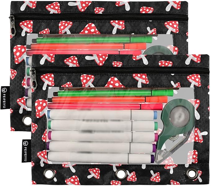 ALAZA Pencil Pouch for 3 Ring Binder, Cartoon Forest Red Mushrooms Binder Pencil Pouches with Clear Window Zipper Pencil Case Cosmetic Bags for Office College Supplies, 2PCS