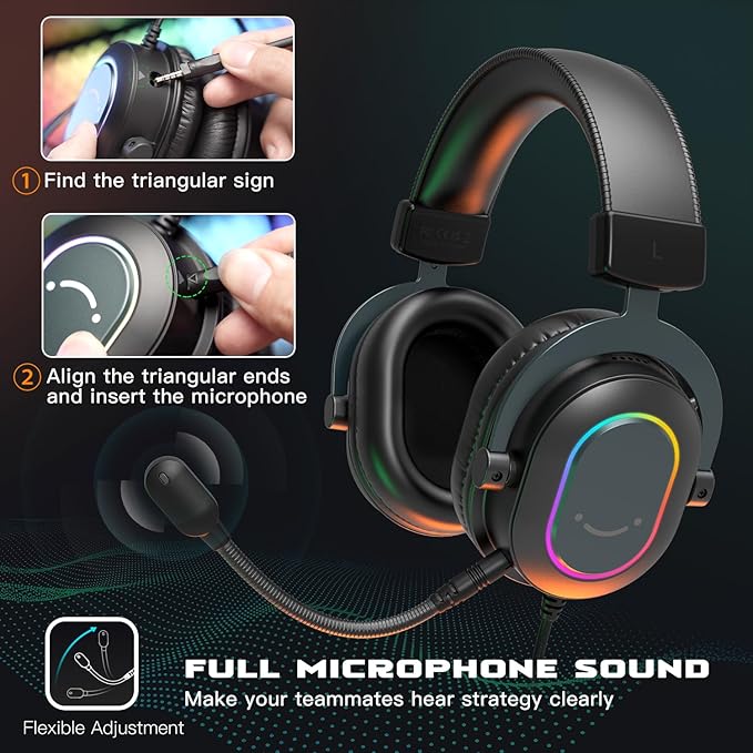 FIFINE Gaming Headset for PC-Wired Headphones with Microphone-7.1 Surround Sound Computer USB Headset for Laptop, Streaming Headphones on PS4/PS5, with EQ Mode, RGB, Soft Ear Pads - AmpliGame H6