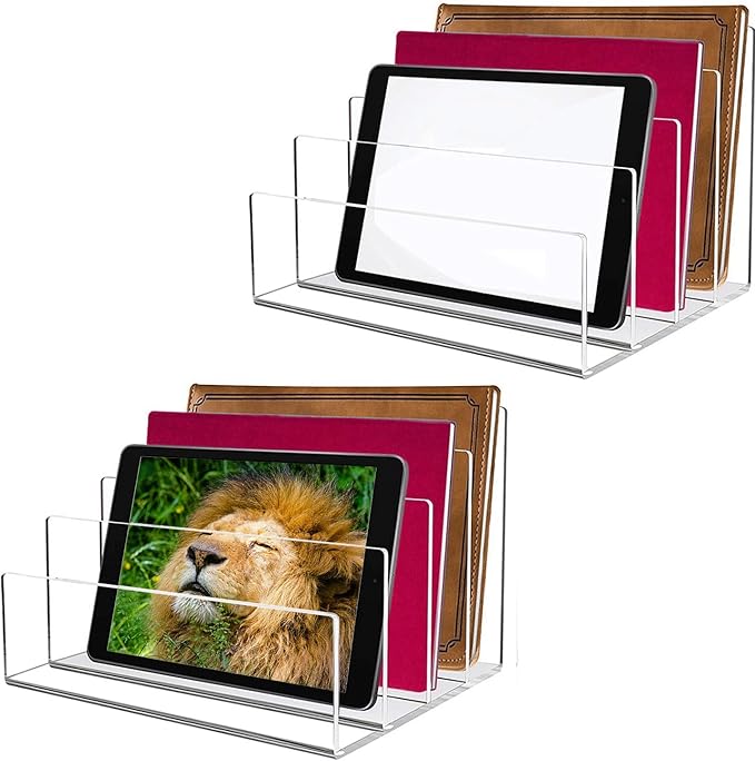 Acrylic Desk File Organizer 2 Pack, 4 Section Letter Organizer, Clear Folder Holder, Desktop File Holder for Document, Notebook and Newspaper, Clear Desk Storage Rack for Home and Office Use