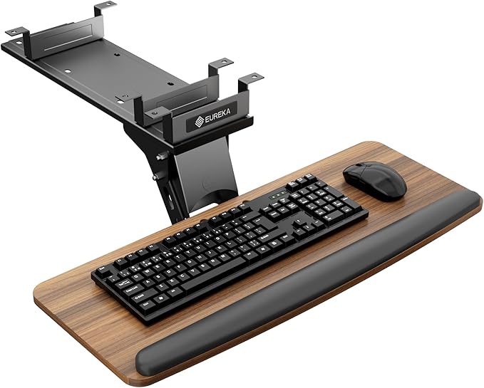 EUREKA ERGONOMIC Keyboard Tray Height Adjustable, Swivel Tilt Computer Keyboard Drawer Under Desk, 25x9.13'' Sliding Keyboard & Mouse Platform with Mouse Pad for Typing, Walnut
