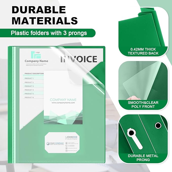 Teling 24 Pcs Clear Report Cover with 3 Prongs, Plastic Report Presentation Folders 90 Sheet Capacity Resume Document Covers for School Office(Green)