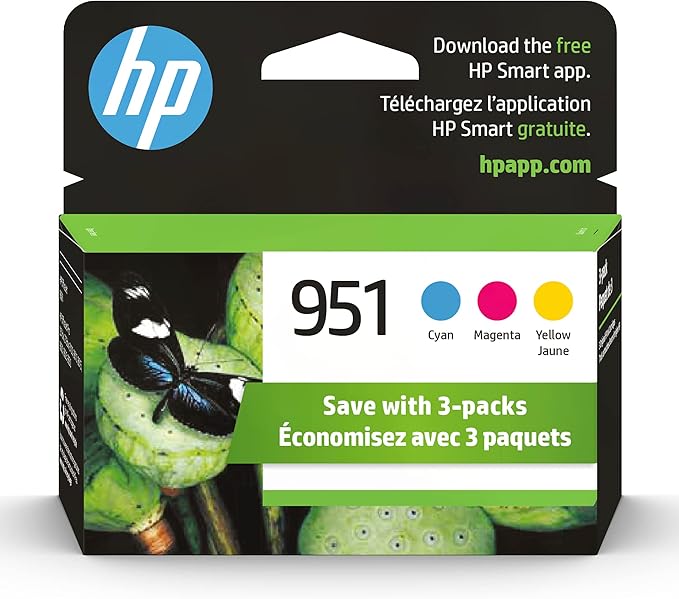 HP 951 Cyan, Magenta, Yellow Ink Cartridges (3 pack)| Works with HP OfficeJet 8600, HP OfficeJet Pro 251dw, 276dw, 8100, 8610, 8620, 8630 Series | Eligible for Instant Ink | CR314FN, Combo 3-Pack