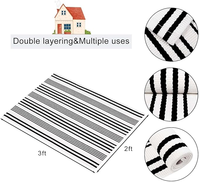 OJIA Christmas Front Door Mats Outdoor 24"x35", Cotton Woven Holiday Doormat Front Door Rug Washable Indoor Door Mat Black and White Outdoor Rugs Striped Rug for Porch Decor/Farmhouse/Entryway