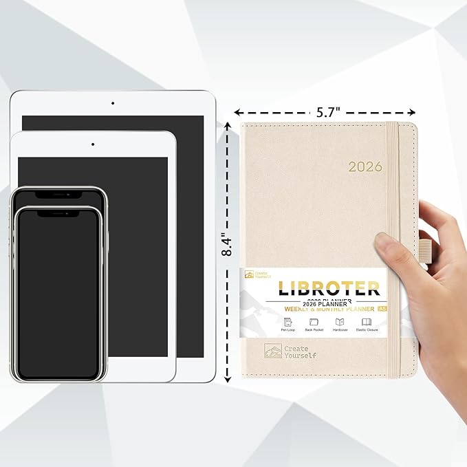 2026 Planner - Planner 2026, 2026 Weekly Monthly Planner, Jan.2026 - Dec.2026, 5.7'' x 8.4'', Thick Paper, Leather Cover, Pen Holder, Back Pocket, Bookmarks, Perfect Daily Organizer - Off-white