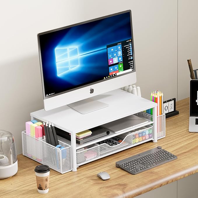 Desk Organizers and Accessories, 2-Tier Computer Monitor Stand Riser with Drawer and 2 Pen Holders, Laptop Stand, Office Desk Accessories for Office Supplies, White
