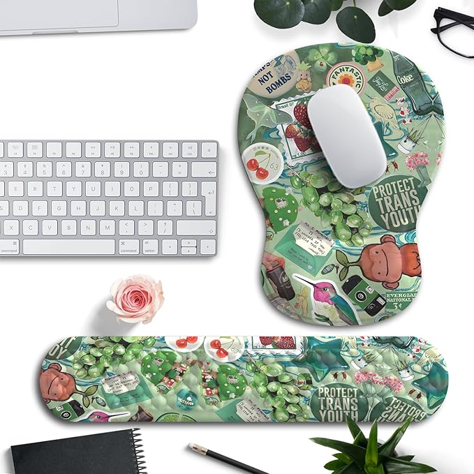 Mint Green Keyboard Wrist Rest Support Mouse Pad&Keyboard Set, Cute Green Ergonomic Mousepad Non-Slip Base Desk/Office Pain Relief&Easy Typing Pad with Neoprene Cloth&Raised Curved Memory Foam