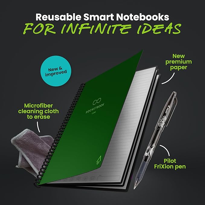 Rocketbook New Core Reusable Spiral Notebook, Letter Size 8.5x11, Green - Lined Pages, App-Connected, Erasable, Durable Cover, Ideal for School, Work, and Creative Projects