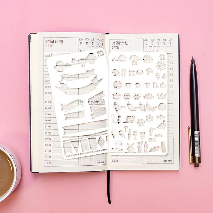 32Pcs Planner Stencils Templates for Calendar, Journal Stencils for Bullet Journaling, Reusable Plastic Handmade Flexible Record Template for DIY Drawing, Notebook & Scrapbook Accessories (4"x7")