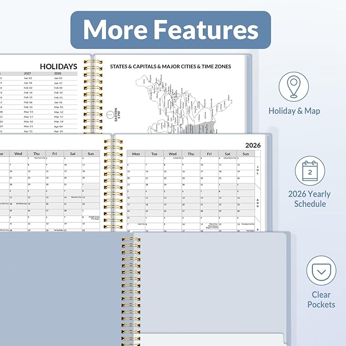 SUNEE 2026 Weekly and Monthly Planner - from January 2026 - December 2026, 6.4" x 8.3" Daily Agenda Planner with Monthly Tab, Flexible Cover, Note Pages, Pockets, Bookmark, Spiral Binding, Gray Blue