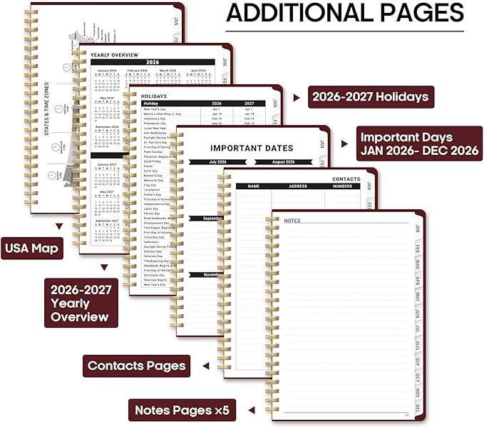 2026 Planner, Weekly and Monthly Calendar Planner Book, January 2026 - December 2026, Hardcover Spiral Planner with Monthly Tabs, Notes Pages, Perfect for Women & Men, A5 (6.4" x 8.5") - Burgundy