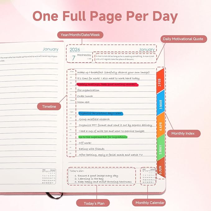 Picoway 2026 Planner A5 400 Pages Pink - Weekly and Monthly Daily Calendar with Thick Paper, One Full Page Per Day Planners from Jan. 2026 - Dec. 2026, Hardcover Notebook ，8.3" x 5.7"