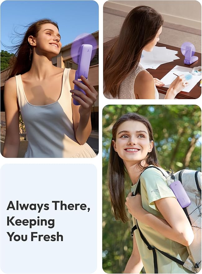 Aecooly Slim Portable Fan, Thin Handheld Fan, USB Rechargeable Mini Personal [24H Max Cooling Time], Battery Powered Small Foldable Pocket for Travel, Summer, Gifts for Women, Girls -Purple