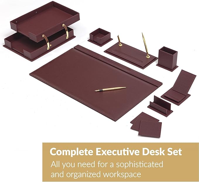 MOOGCO Bonded Set Luxury Leather Desk Pad & Desk Organization Essentials Desk Organizer Leather Desk Organizer (Burgundy)
