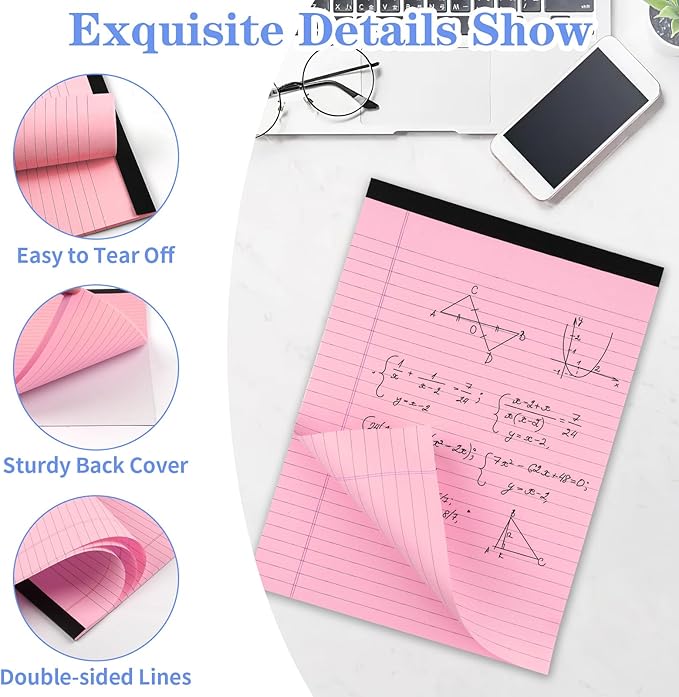 WINKIO Colored Legal Pads, 3 Pack Writing Pads 8.5 x 11 inch, Micro Perforated Notebooks with Sturdy Back, Wide Ruled, 30 Sheets Per Writing Pad for School, College, Office, Professional (Pink)