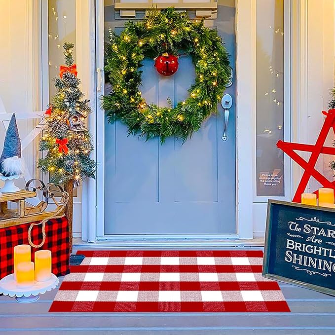 Ckorzen Red and White Plaid Rug, 28" x 43" Christmas Front Porch Outdoor Rug, Handwoven Cotton Washable Rug for Layered Door Mats, Holiday Entryway and Home Décor