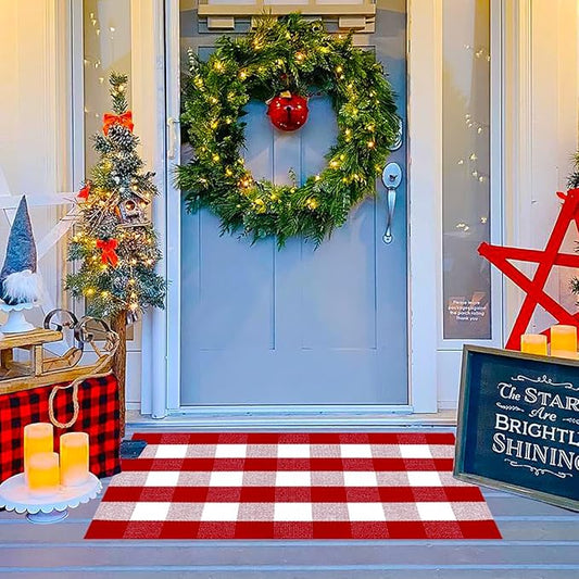 Ckorzen Red and White Plaid Rug, 28" x 43" Christmas Front Porch Outdoor Rug, Handwoven Cotton Washable Rug for Layered Door Mats, Holiday Entryway and Home Décor