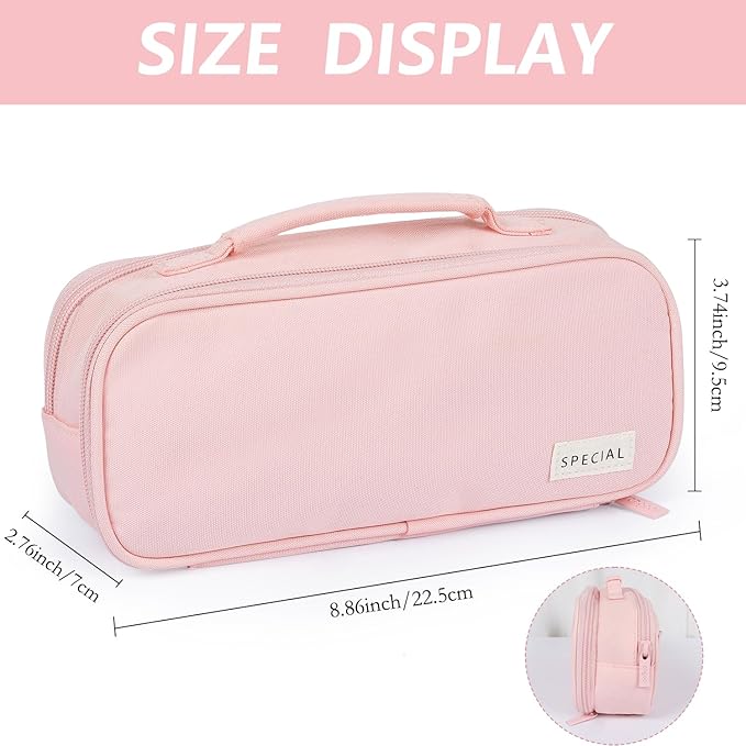 MAMUNU Pencil Case Large Capacity with 3 Compartments, Pencil Case Pouch Bag with Zipper Handle Portable Pen Stationery Organizer for Teen Girls Adults College School Office Travel, Pink