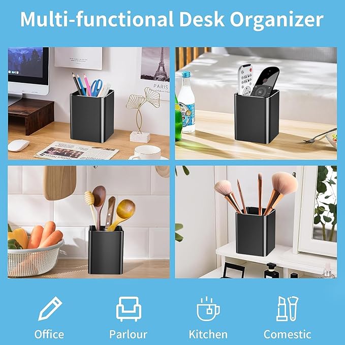 Pen holder,square pen cup, Metal pen pencil holder, desktop pencil cup stationery organization office desktop accessories, suitable for office, school, home and stationery supplies. (Black)