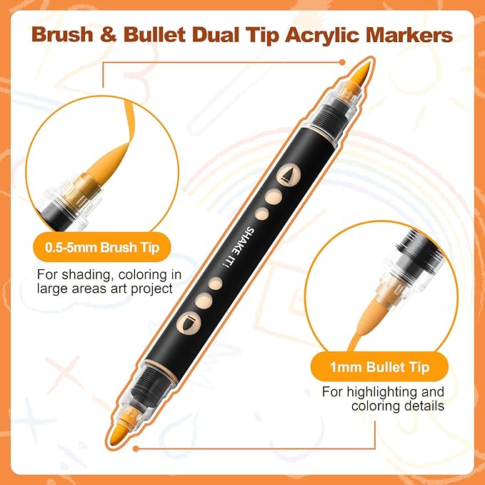 SUNEE 48 Colors Acrylic Paint Markers, Dual Tip with Bullet and Brush Tip Paint Pens with Automatic Ink Control System, Coloring Markers for Rock, Wood, Canvas, Glass DIY Crafts Art Supplies Kit
