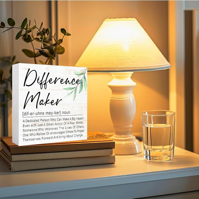 Difference Maker Definition 5" x 5" Wooden Block Sign, Purpose-Driven Office Decor With Leadership Quote, Executive Desk Accent For Change Decor