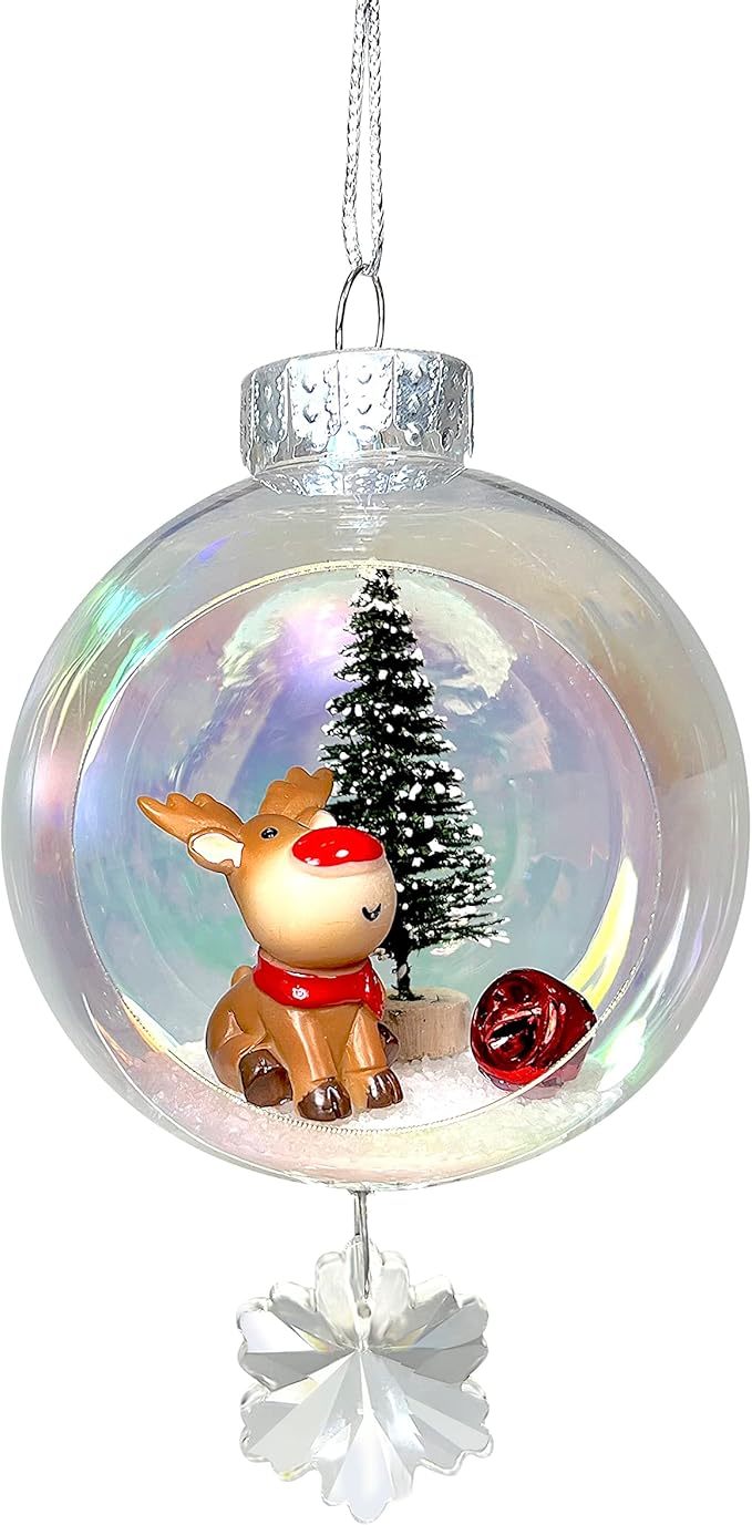 Rudolph Christmas Ornament - Handmade Shatterproof Decorations for Indoor Outdoor Xmas Tree - Clear Ball Ornaments with Magnetic Crystal - Great Gift or Stocking Stuffer for Mom, Sister, Friend