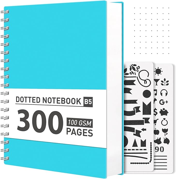 AHGXG Bullet Dotted Journal Spiral Notebook - 300 Pages Dot Grid Notebook B5 Thick Journal, 100GSM Thick Dotted Paper, Plastic Hardcover, with Journal Stencils, 7.3"X 10" - Blue