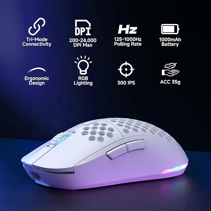 DIERYA M1 Wireless Gaming Mouse, 24000DPI, 180Hrs Battery, 16.8M RGB, 6 Programmable Buttons, Lightweight, Tri-Mode (2.4G/BT5.2/USB-C) for PC/Mac/Laptop - White