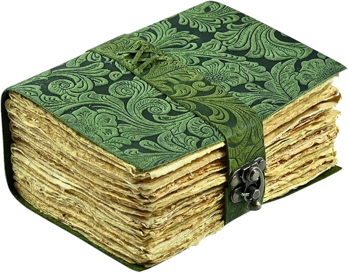 400 Page Leather Journal - Antique Handmade Deckle Edge Vintage Paper Leather Bound Journal - Book of Shadows Journal - Leather Sketchbook - Drawing Journal - Great Gift 7X5 Lock Green