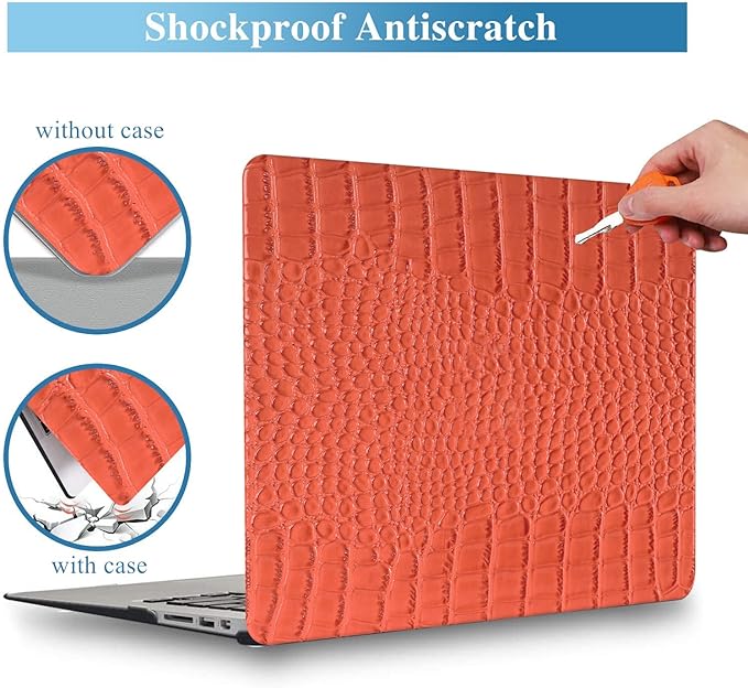 KEROM Compatible with Crocodile MacBook Air 13 Inch Case 2025-2022 M4 M3 M2 A3240 A3113 A2681, Textured Elegant Luxury Aligator Skin Snakeskin PU Leather Hardshell Case & Keyboard Cover, Orange