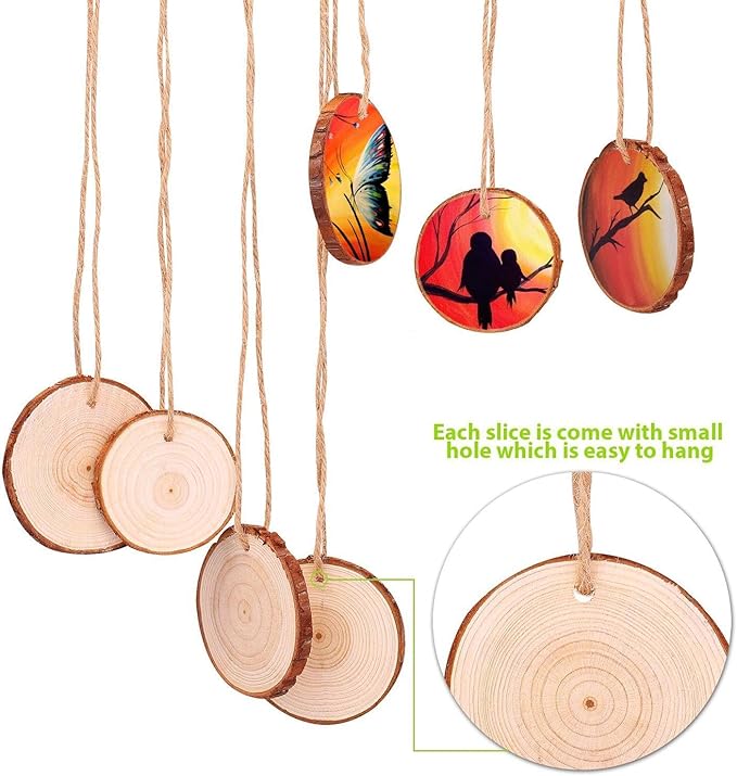Fuyit Natural Wood Slices 30 Pcs 2.4-2.8 Inches Craft Wood Kit Unfinished Predrilled with Hole Wooden Circles Tree Slices for Arts and Crafts Christmas Ornaments DIY Crafts