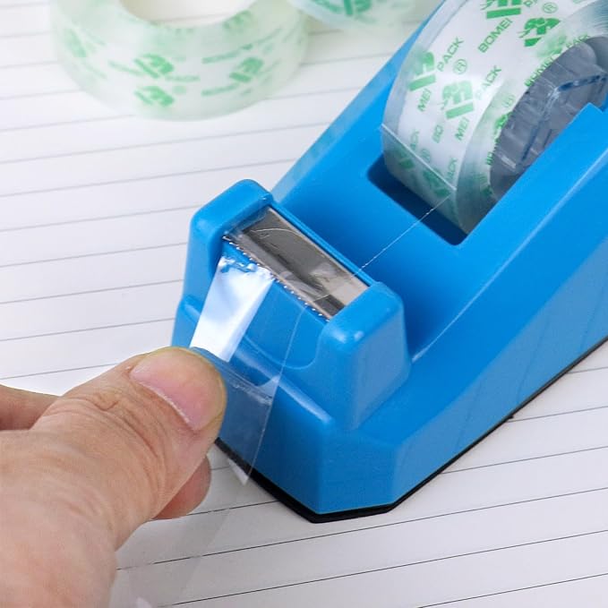 BOMEI PACK Transparent Tape Dispensers Desk, 1 Pack Blue with 12Rolls Transparent Tape, 1 Inch Core, for Gift Wrapping, School, Office and Home