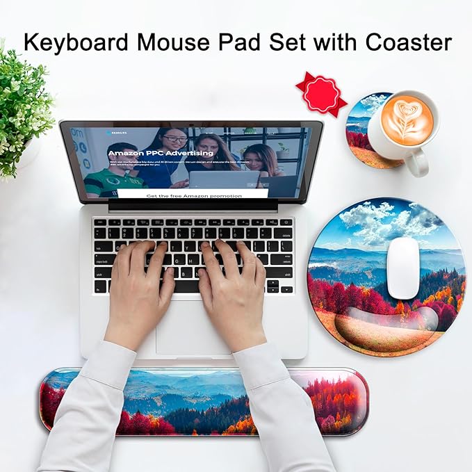 Mouse Pad and Keyboard Wrist Rest Support, with Non-Slip PU Base,Gel Mouse Pad with Coaster,Pain Relief for Gaming, Computer,Office -Autumn