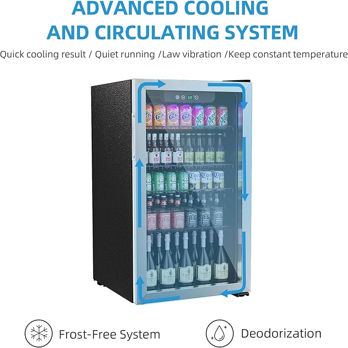 Compact Freestanding Beverage Refrigerator,126 Can/3.2 Cubic FeetMini Fridge with Reversible Glass Front Door for Soda, Beer, or Wine, Under Counter Drink Refrigerator with Adjustable Shelves