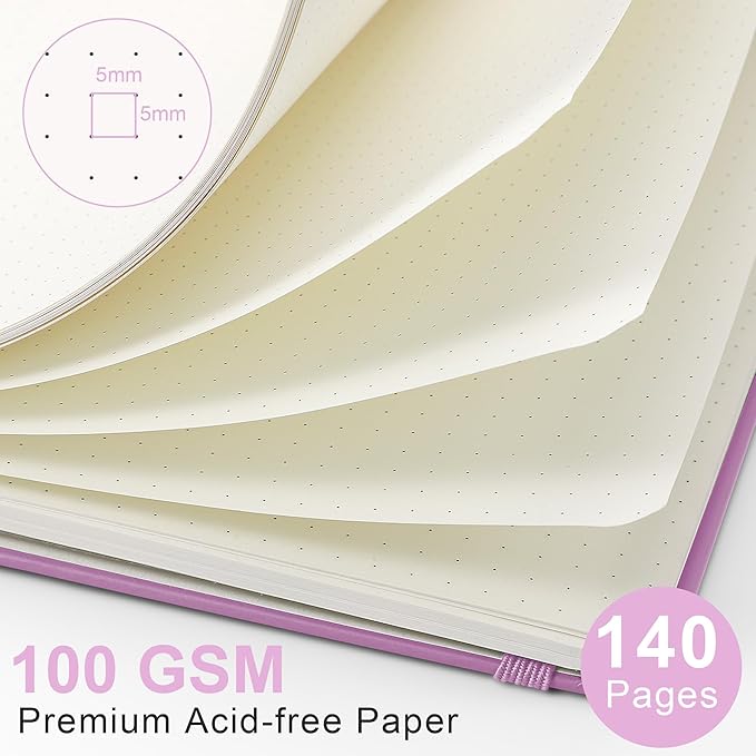 RETTACY Bullet Dotted Journal Notebook, 140 Pages, A5 Medium Size (5.7'' x 8.3''), Hardcover, 100 GSM Thick Paper, for Bullet Journaling, Planning, Tracking (Lilac)