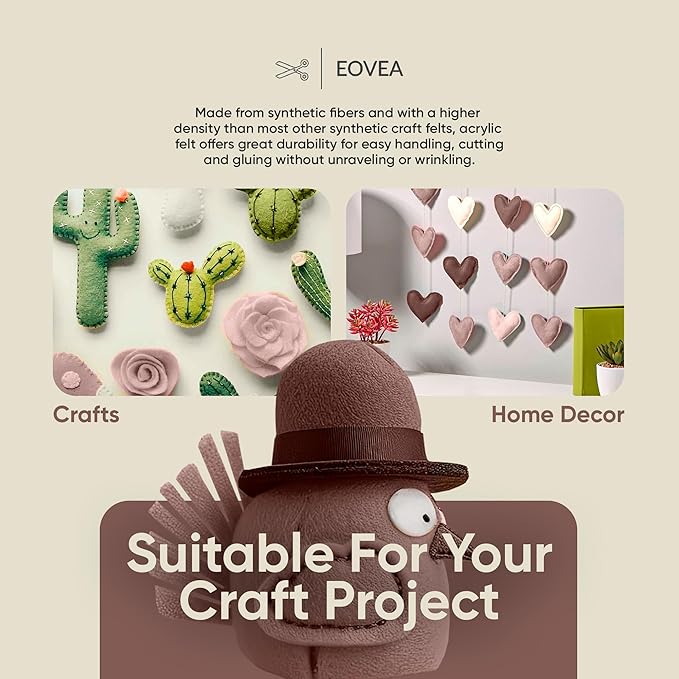 EOVEA | Acrylic Felt Fabric by The Yard - Non-Stiff, Soft Material - 72" Wide - 1.6mm Thick Felt Sheets for DIY Crafts, Sewing, Upholstery, Cushion, Padding(Brown, 1 Yard)