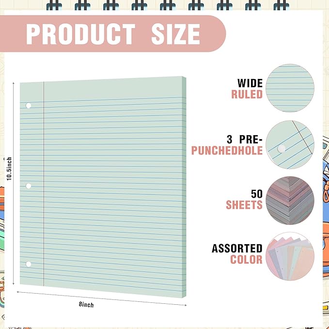 PerKoop 12 Pack 600 Sheets Colored Lined Paper Bulk Wide Ruled 8 x 10.5 Inches, Pastel Loose Leaf Notebook Paper 3 Hole Punched Filler for Back School Classroom Supplies(Fantasy Color)