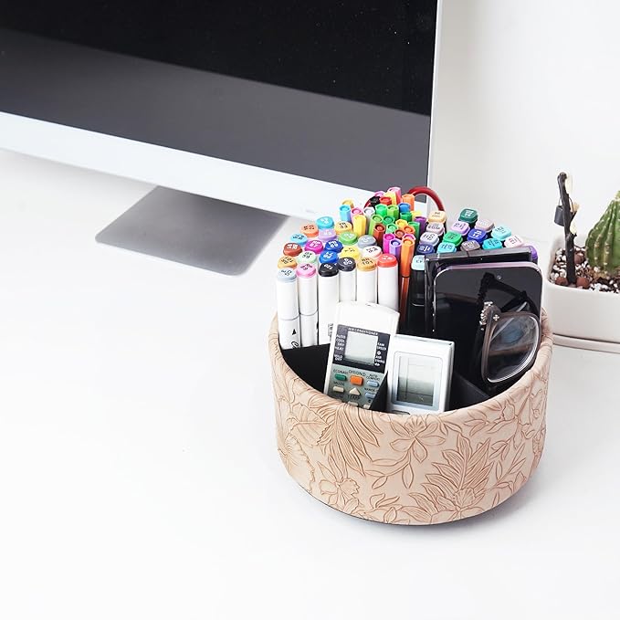 Hennaja Remote Control Holder, 360°Spinning PU Leather Desk TV Remote Caddy,Desk Storage Box Room Accessories for Controller, Media,Mail,Calculator, Mobile Phone,Pencil(1-Carved Light Brown)