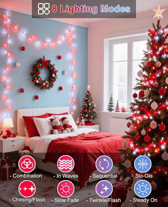 157FT 480 LED Christmas Decoration Lights, Green Wire Christmas Tree Lights Waterproof, 8 Modes Twinkle Fairy Light for Indoor Outdoor House Tree Xmas Holiday Decorations, Red White
