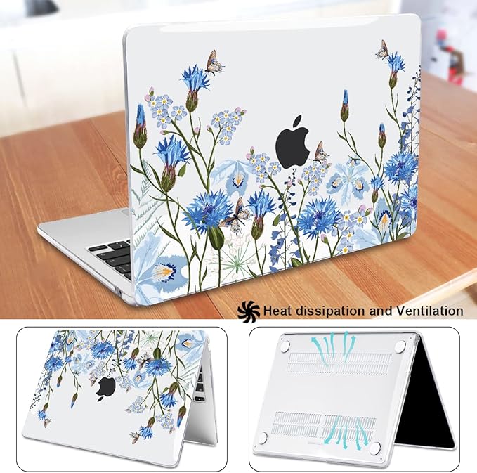Compatible with M4 MacBook Air 13.6 inch Case 2025 2024 2023 2022 A3240 A3113 M3 A2681 M2 Chip, Crystal Pattern Plastic Hard Case Cover for Mac Air 13 M4 Touch ID, Tropical Blue Flowers