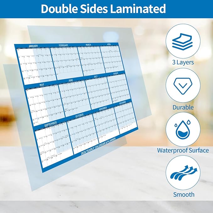 2026 Wall Calendar 24" x 36" Dry Erase Calendar for Wall from January 2026 to December 2026 12 Month Annual Large Yearly Wall Planner for Office School(Blue)