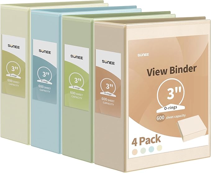 SUNEE 3 Ring Binder 3 Inch 4 Pack, Clear View Binder Three Ring PVC-Free (Fit 8.5x11 Inches) for School or Office Supplies, Neutral Aesthetic