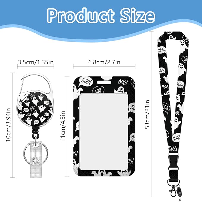 Halloween Badge Holder Reel Lanyard,Ghost ID Card Badge Holder Retractable Name Tag Clips for Doctor Nurse Teacher Office Student