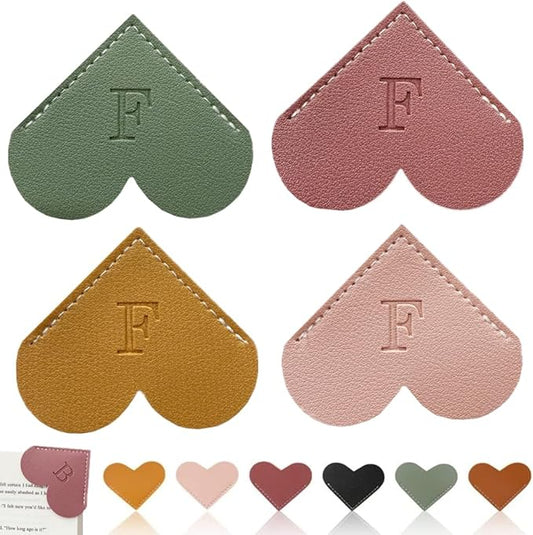 Personalized Leather Heart Bookmark, 26 Letters Customized Corner Book Mark for Reading Women, Book Marker with Initials，Cute Gifts (Light Pink+Deep Pink+Green+Light Brown, F)