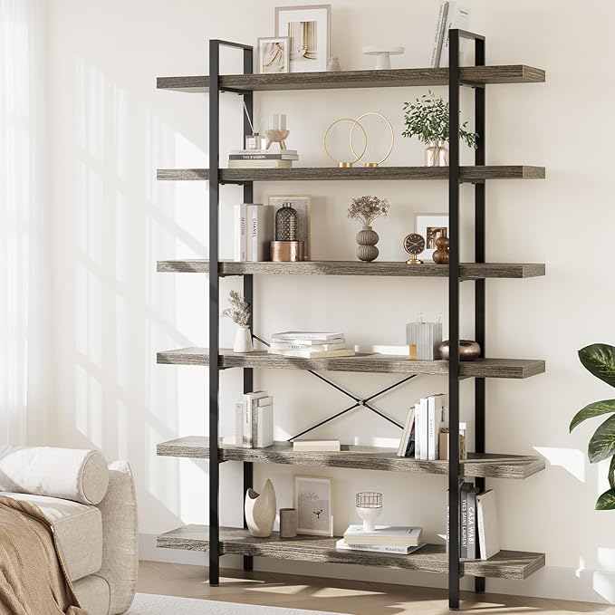 Bookcase, 47 Inch Wide Wood Bookshelf, 120lbs Shelf Capacity, Rustic Open Shelving Industrial Display with Reinforced Horizontal Shelves for Living Room Bedroom Office (6 Tier - Grey)