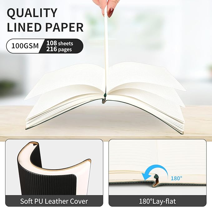TSFPapier A5 Lined Notebook with Pen & Gift Box 216 Pages PU Leather Journals for Women Men 100GSM Thick Paper College Ruled Notebook for School,Travel,Business,Work,Home Writing (Black)